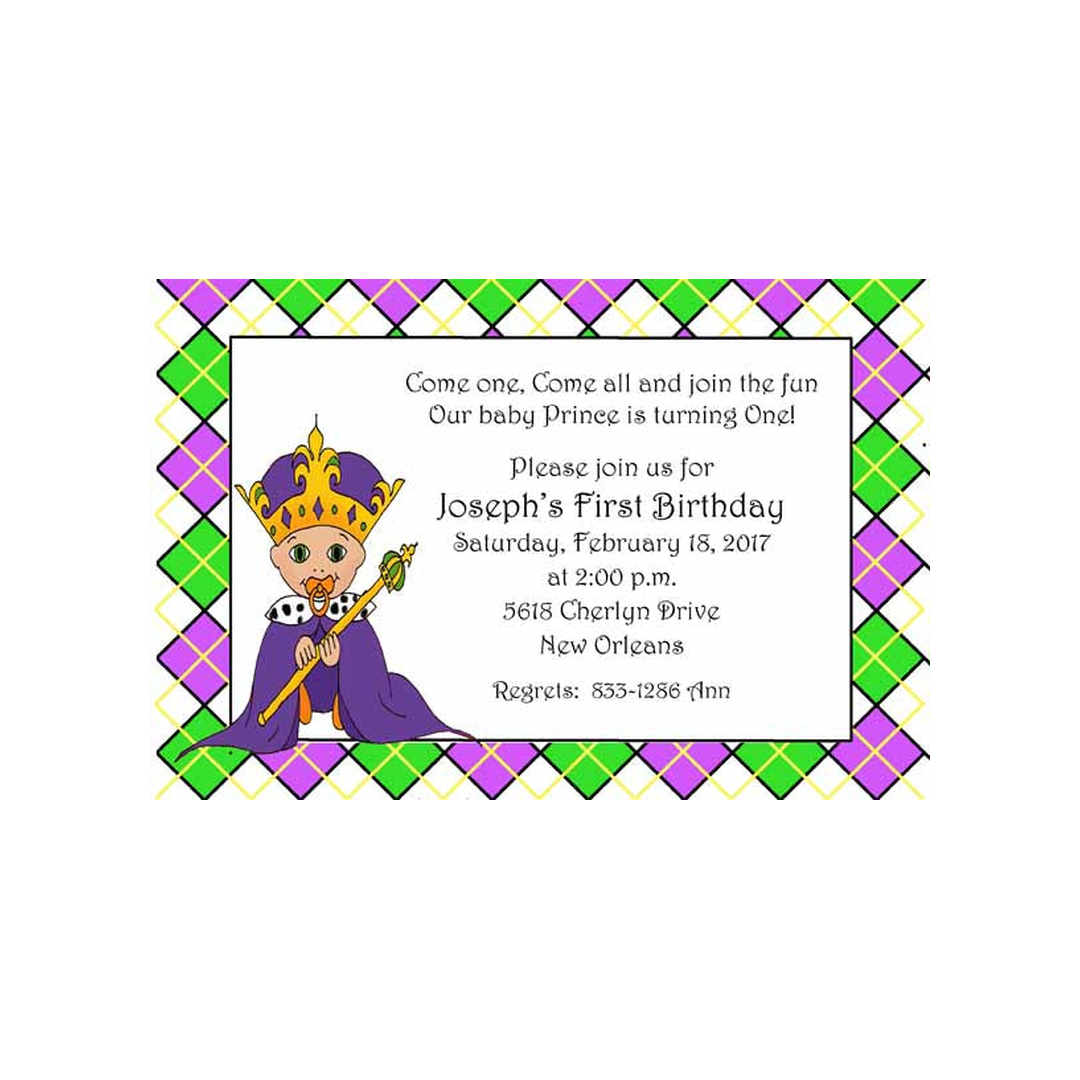 MARDI GRAS ARGYLE PRINCE-PRINCESS BABY CUSTOM INVITATION