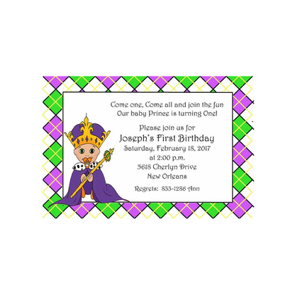MARDI GRAS ARGYLE PRINCE-PRINCESS BABY CUSTOM INVITATION