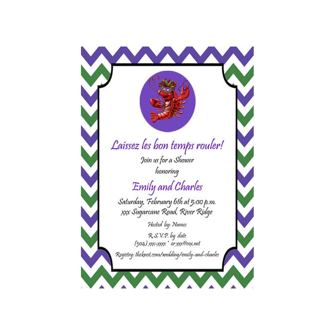 MARDI GRAS CRAWFISH ON CHEVRON BORDER CUSTOM INVITATION