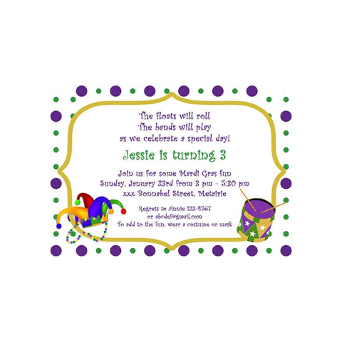 MARDI GRAS JESTER HAT, DRUM WITH DOTS CUSTOM INVITATION