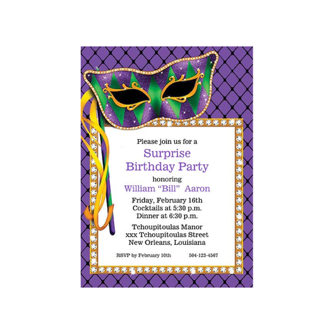MARDI GRAS MASK AND DIAMONDS CUSTOM INVITATION
