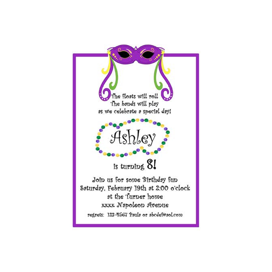 MARDI GRAS MASK AND RIBBON CUSTOM INVITATION