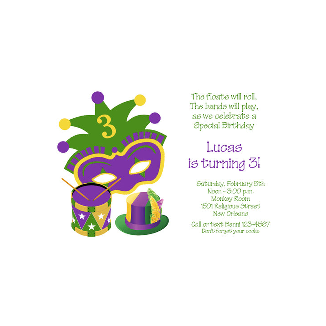 MARDI GRAS MASK, HAT AND DRUM CUSTOM INVITATION