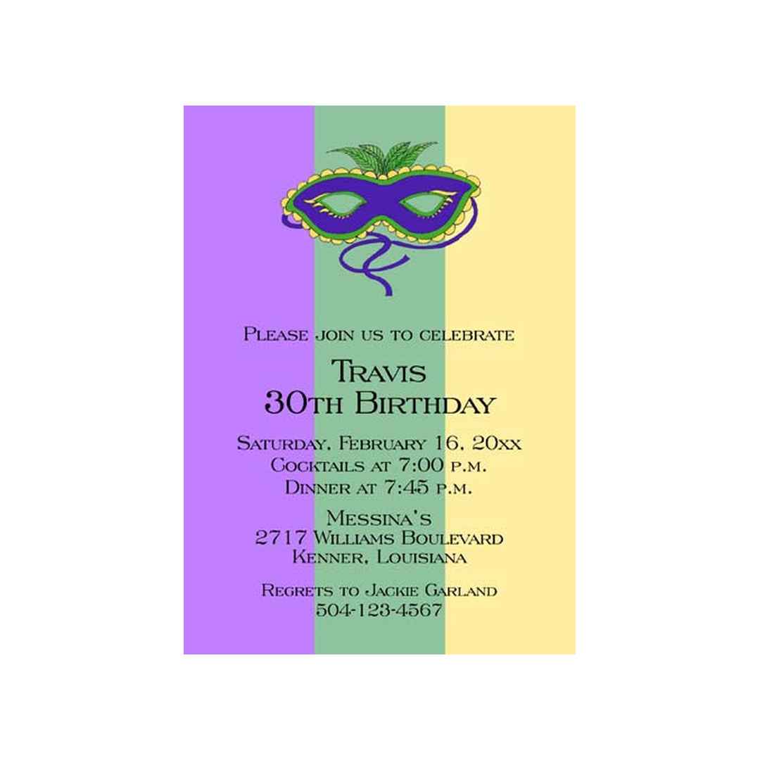 MARDI GRAS MASK WITH LARGE COLOR BANDS CUSTOM INVITATION