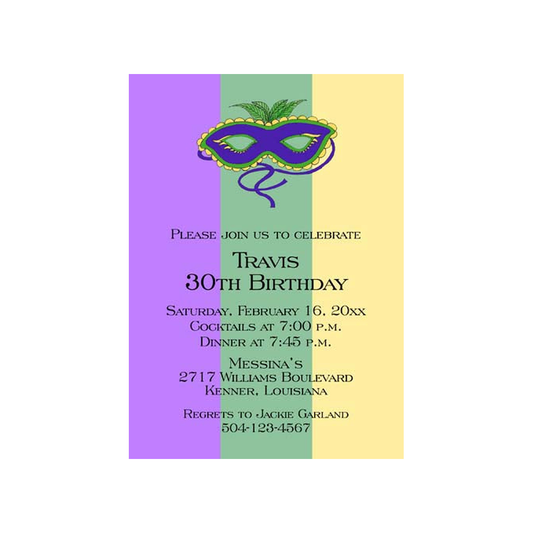 MARDI GRAS MASK WITH LARGE COLOR BANDS CUSTOM INVITATION