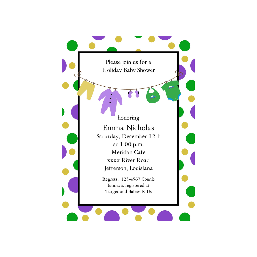 MARDI GRAS POLKA DOTS AND CLOTHES LINE CUSTOM INVITATION