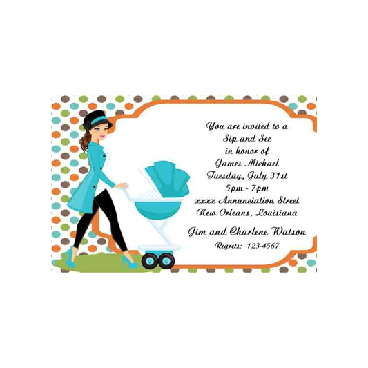 MOMMY PUSHING BABY CARRIAGE CUSTOM INVITATION