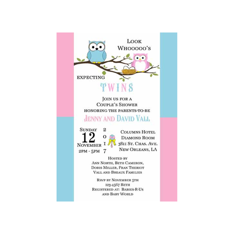 PINK AND BLUE OWLS CUSTOM INVITATION
