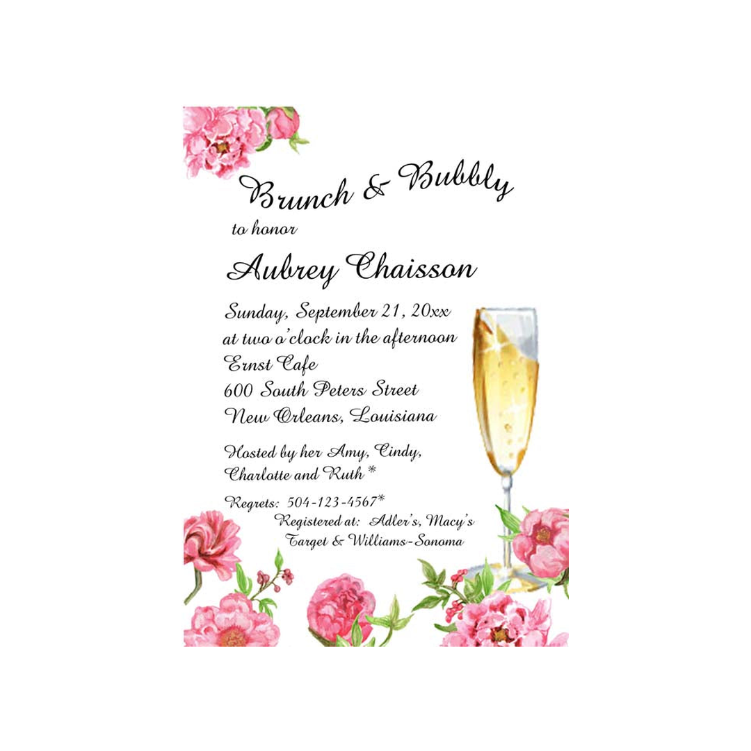 PINK FLOWERS AND FLUTES CUSTOM INVITATION