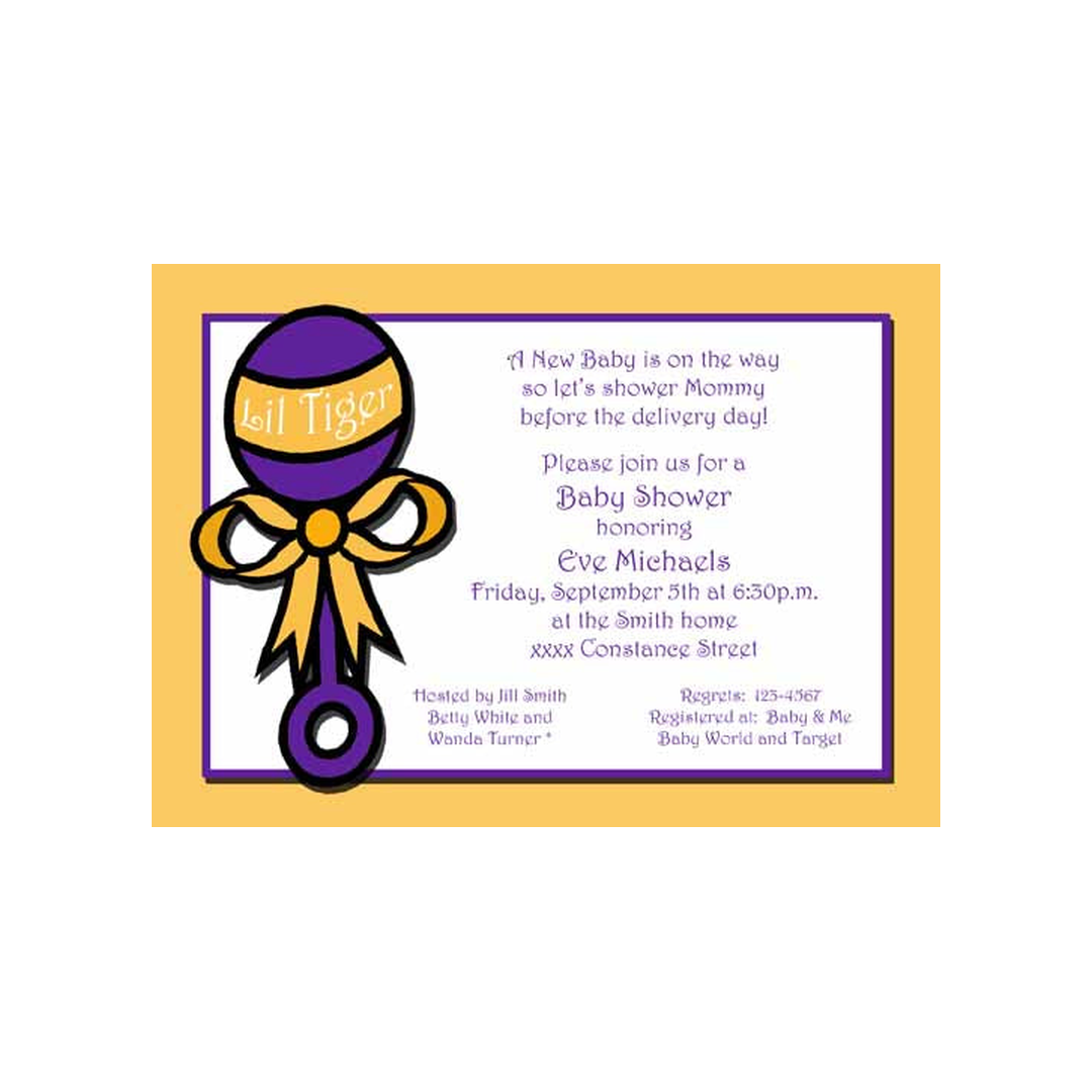 PURPLE AND GOLD BABY RATTLE CUSTOM INVITATION