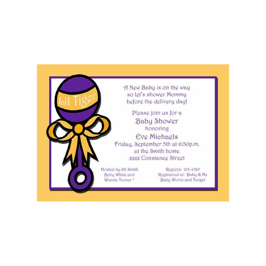 PURPLE AND GOLD BABY RATTLE CUSTOM INVITATION