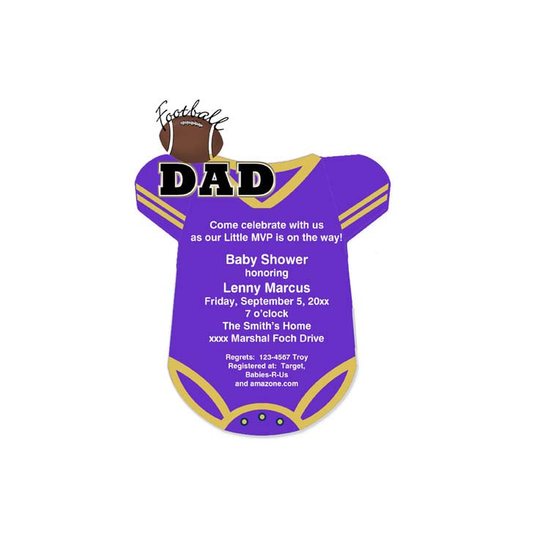 PURPLE AND GOLD FOOTBALL ONESIE CUSTOM INVITATION