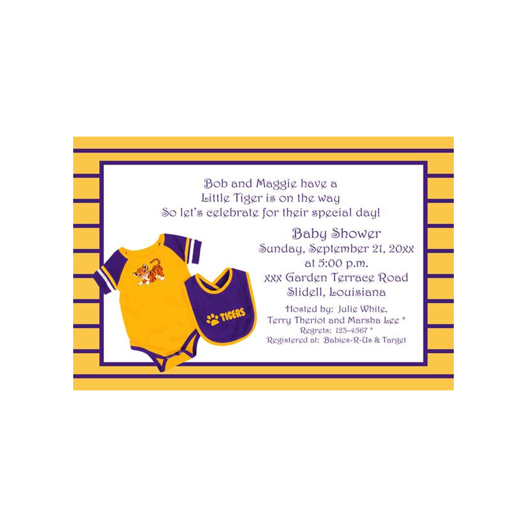 PURPLE GOLD BABY ONESIE AND BIB CUSTOM INVITATION