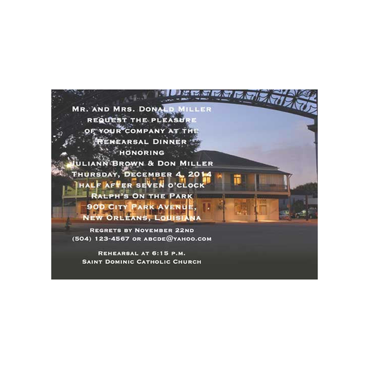 RALPH'S ON THE PARK RESTAURANT AT NIGHT WITH GATES CUSTOM INVITATION