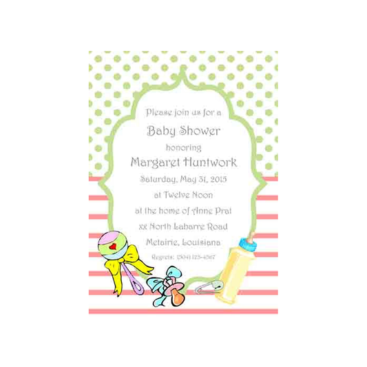 RATTLE, PACIFIER, BOTTLE AND DIAPER PIN CUSTOM INVITATION