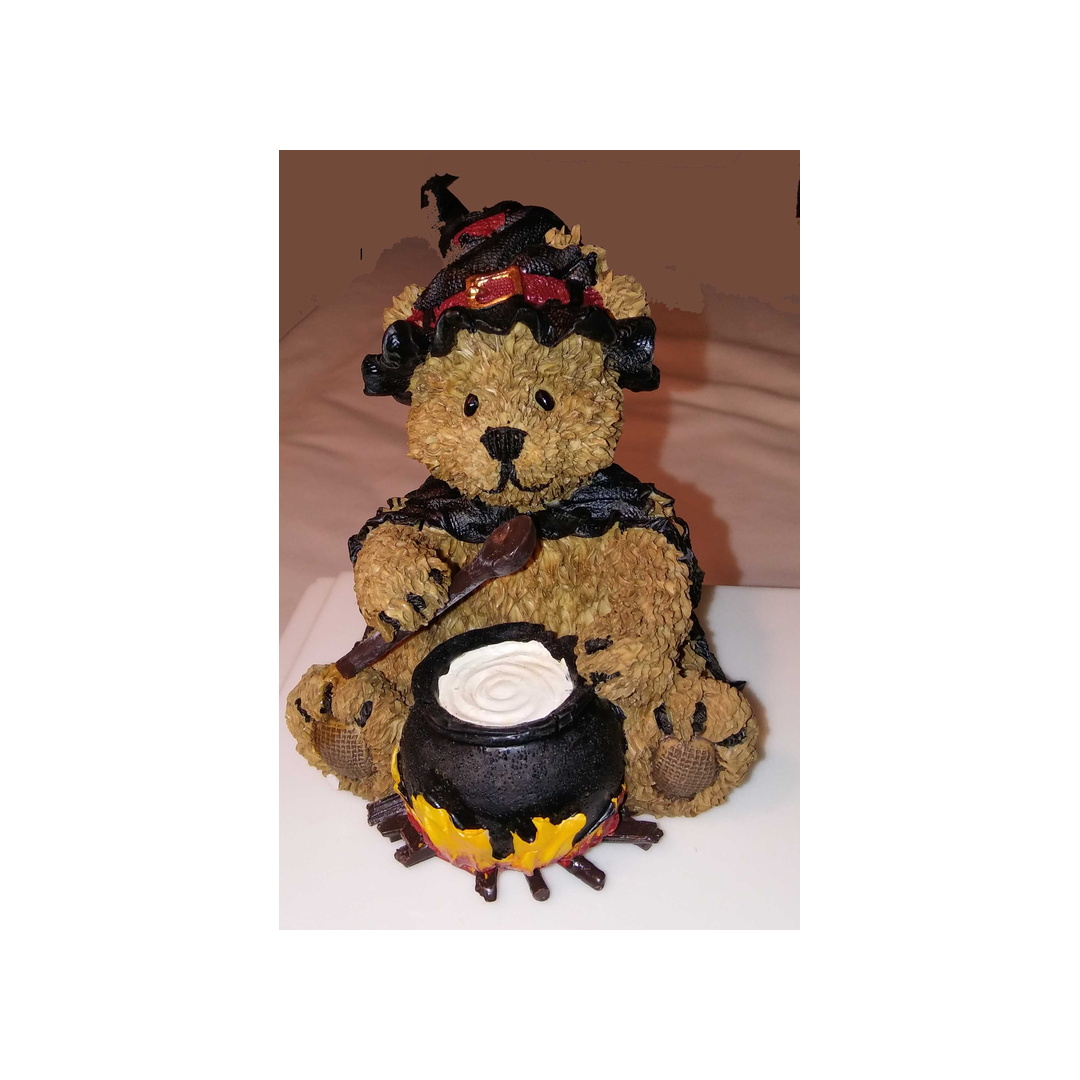 RESIN TEDDY BEAR IN WITCH COSTUME WITH CAULDRON