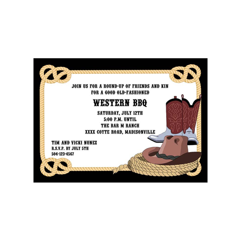 ROPE, BOOTS AND COWBOY HAT CUSTOM INVITATION