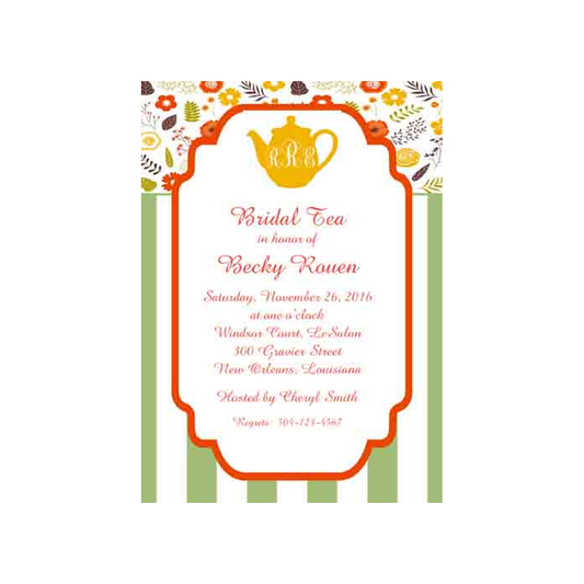 SILHOUETTE TEA POT, FALL FLOWERS AND STRIPES CUSTOM INVITATION