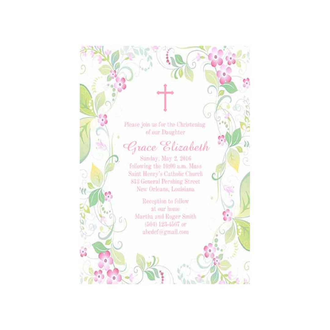 SIMPLE CROSS AND PASTEL FLORAL BORDER CUSTOM INVITATION