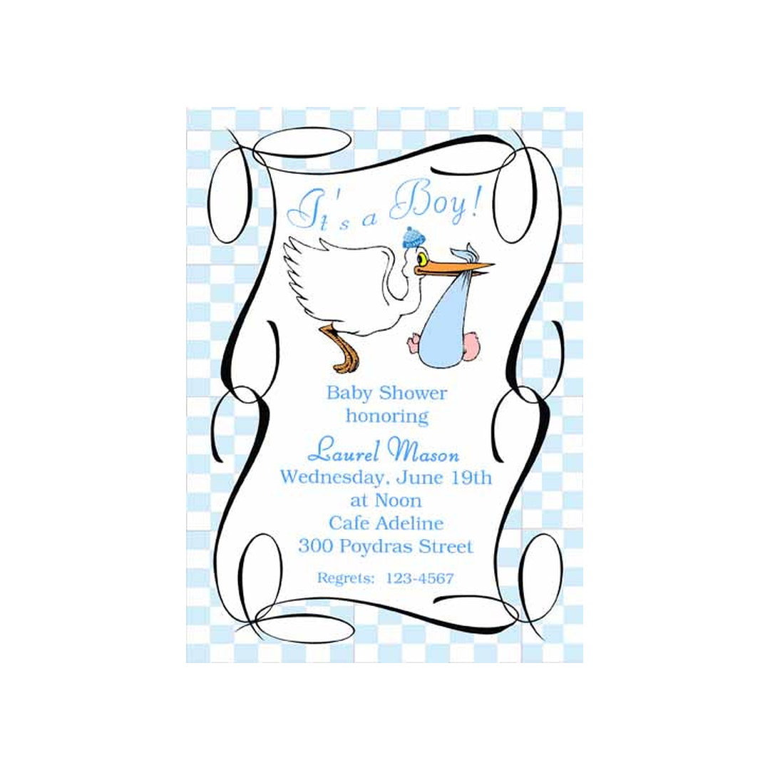 STORK, BABY AND SWIRLS CUSTOM INVITATION