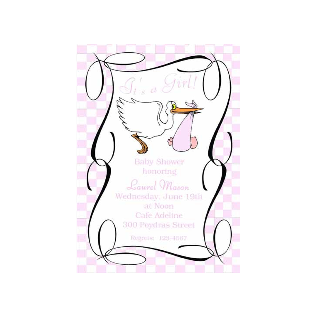 STORK, BABY AND SWIRLS CUSTOM INVITATION