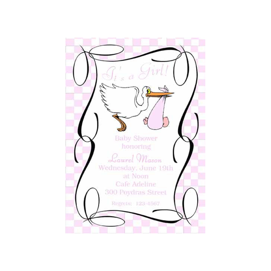 STORK, BABY AND SWIRLS CUSTOM INVITATION