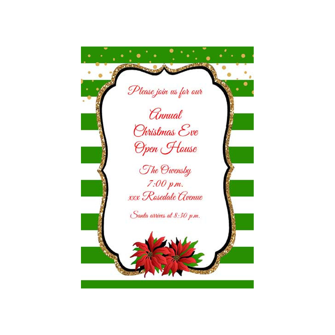STRIPES, GLITTER AND POINSETTIAS CUSTOM INVITATION