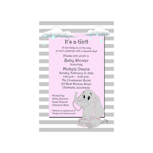 SWEET ELEPHANT WITH CLOUDS CUSTOM INVITATION