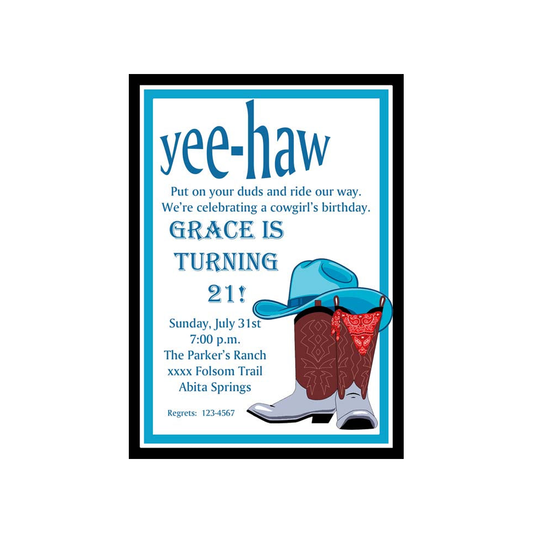 TEAL COWBOY HAT AND BOOTS CUSTOM INVITATION