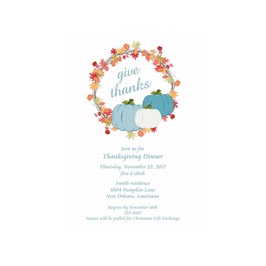 TEAL PUMPKINS AND FALL WREATH CUSTOM INVITATION