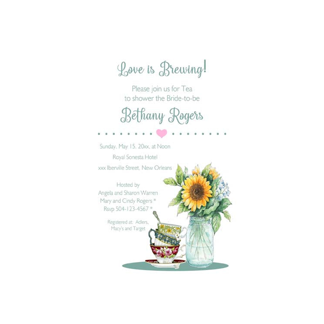 TEA CUPS AND JAR OF SUNFLOWERS CUSTOM INVITATION