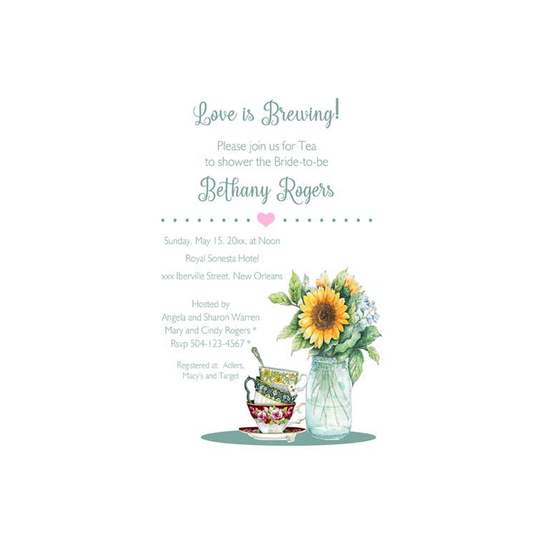 TEA CUPS AND JAR OF SUNFLOWERS CUSTOM INVITATION