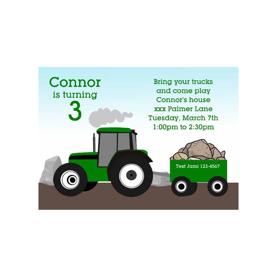 TRACTOR WITH TRAILER OF ROCKS CUSTOM INVITATION