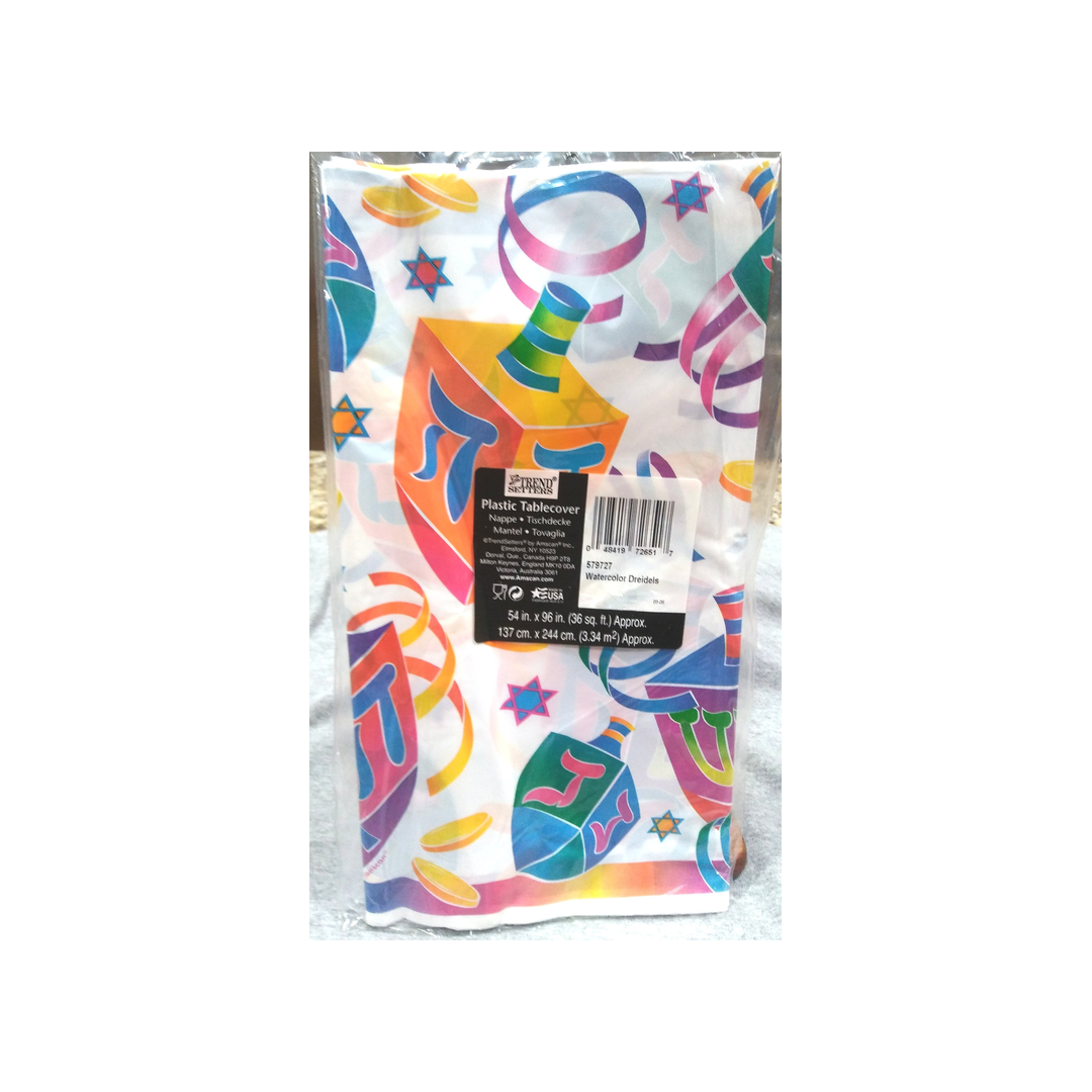 WATERCOLOR DREIDELS PLASTIC TABLECLOTH