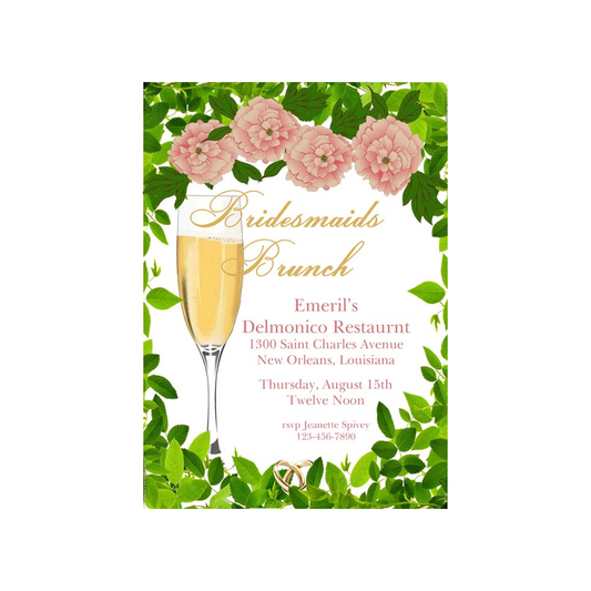 WEDDING RINGS, A FLUTE AND FLOWERS CUSTOM INVITATION