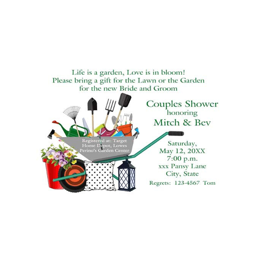 WHEEL BARROW FULL OF GARDEN TOOLS CUSTOM INVITATION