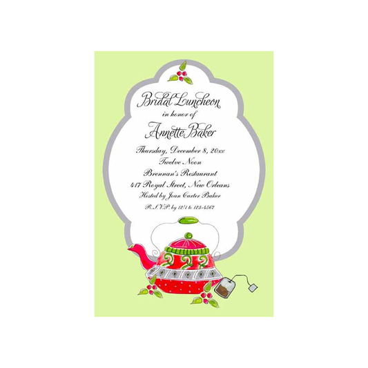 WHIMSICAL HOLLY TEAPOT CUSTOM INVITATION