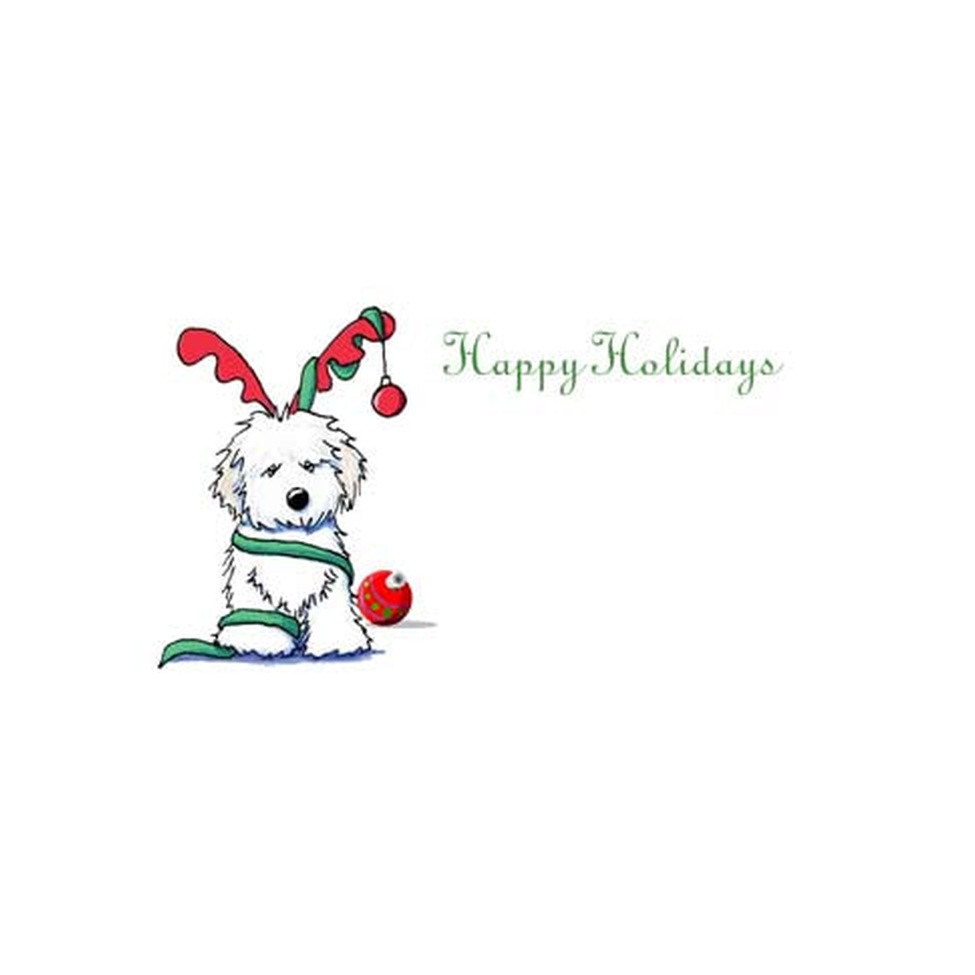WHITE DOG WRAPPED IN RIBBON PERSONALIZED GIFT OR CALLING CARDS
