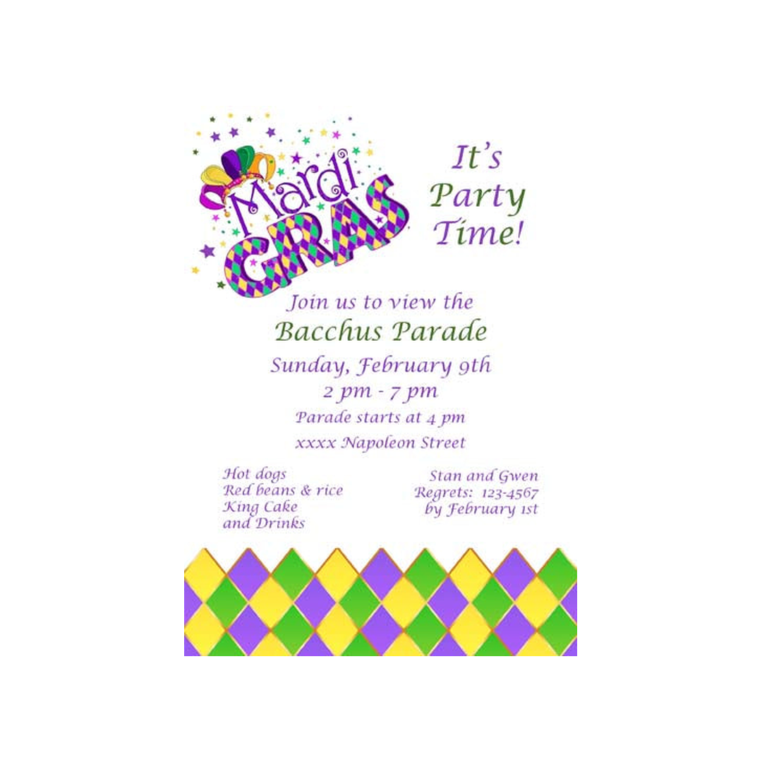 WORDS "MARDI GRAS" AND HARLEQUIN PATTERN CUSTOM INVITATION
