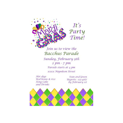WORDS "MARDI GRAS" AND HARLEQUIN PATTERN CUSTOM INVITATION