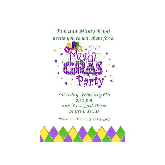WORDS "MARDI GRAS" AND HARLEQUIN PATTERN CUSTOM INVITATION