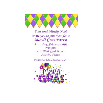 WORDS "MARDI GRAS" AND HARLEQUIN PATTERN CUSTOM INVITATION