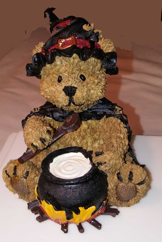 RESIN TEDDY BEAR IN WITCH COSTUME WITH CAULDRON