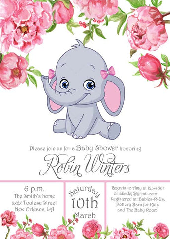 BABY ELEPHANT AND FLOWERS CUSTOM INVITATION