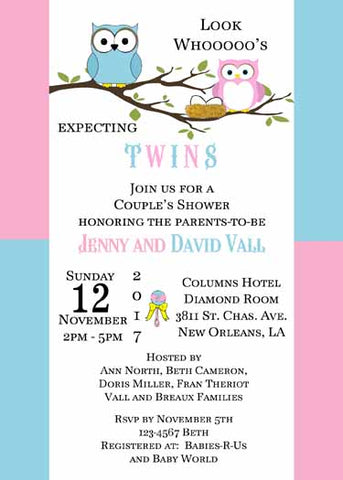 PINK AND BLUE OWLS FOR TWINS CUSTOM INVITATION