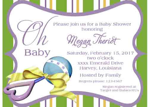 BABY RATTLE WITH BOW CUSTOM INVITATION