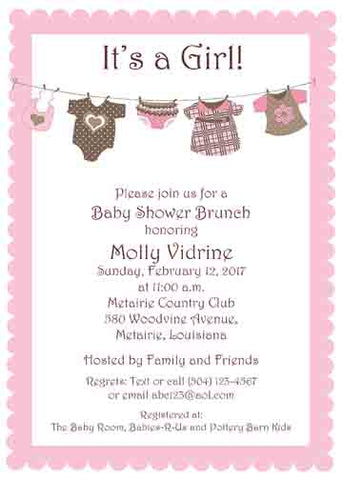 BABY GIRL'S CLOTHES ON CLOTHES LINE CUSTOM INVITATION