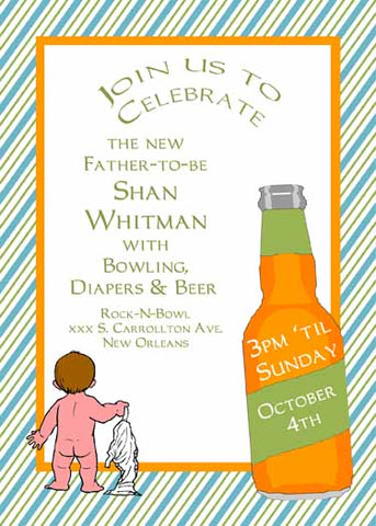 BARE BOTTOM, DIAPERS AND BEER CUSTOM INVITATION