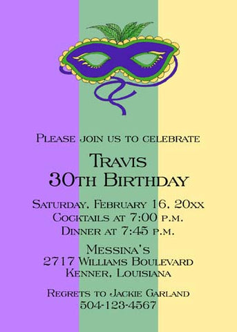 MARDI GRAS MASK WITH LARGE COLOR BANDS CUSTOM INVITATION