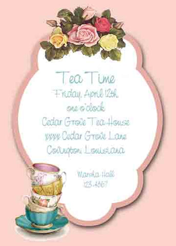 ROSES AND STACKED TEA CUPS CUSTOM INVITATION